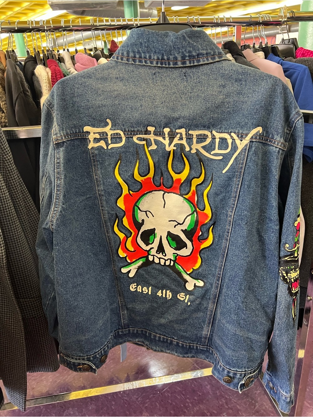 Ed Hardy Blue Denim Jacket with Red, Yellow & Green Skull Graphic